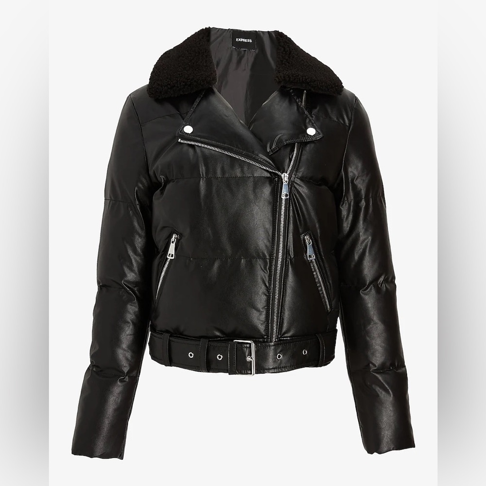 Faux Leather Fur Collar Belted Hem Puffer Moto Jacket - NWT Size XS - Picture 6 of 7